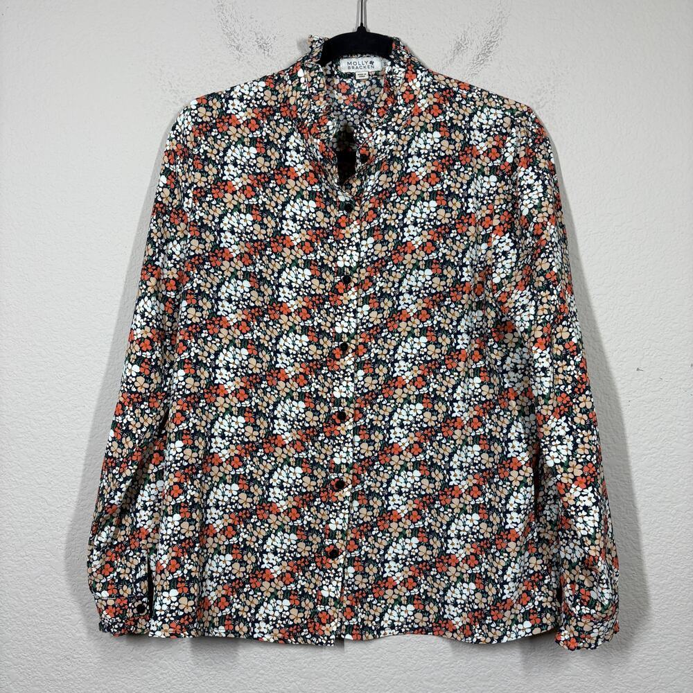 Molly Bracken Size Small Shirt Green Floral Button Up Ruffled Neck Long Sleeves